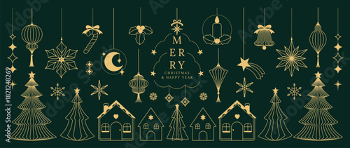Christmas vector greeting card illustration with dark green background, gold houses, trees, stars and hanging ornaments for Happy New Year — elegant holiday design