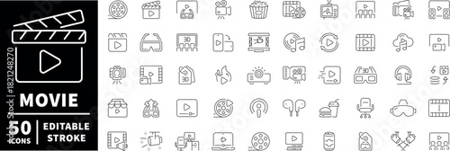 Movie and cinema icons set. line, editable line icons for film and video projects