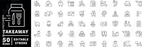 Takeaway and food delivery icons set. editable line icons, outline, fast service graphics