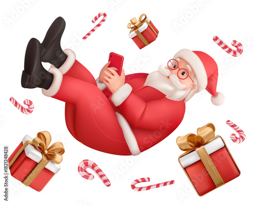 Vector Santa Claus soar in the air with smartphone in hands surrounded by Christmas giftboxes and sweet candy canes on white background
