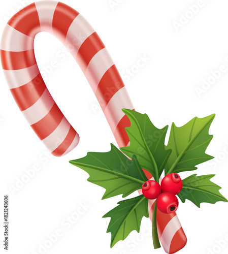 Vector illustration of a Christmas candy cane with holly leaves and red berries as a decorative element