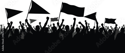Crowd of people silhouette with flags, protesters raising hands in demonstration, black vector illustration isolated on white background, revolution and strike concept.