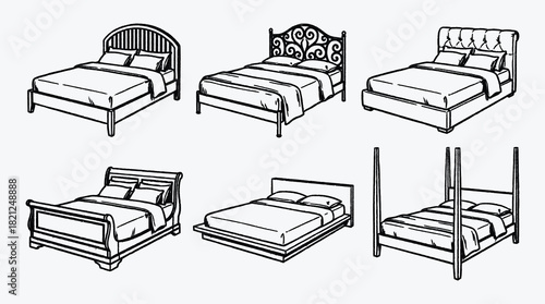 Collection of different style beds illustrations for design and decoration projects