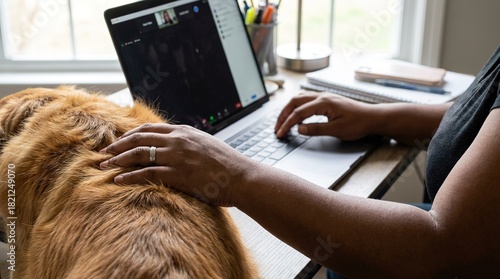 A person works at a laptop ...