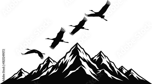 Flock of flying birds silhouette over mountain range, black and white vector illustration, nature landscape background for travel, hiking and adventure design