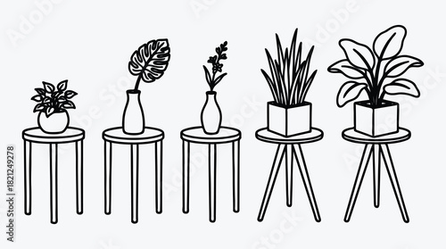 Collection of Various Potted Plants on Stands Simple Black Outline Style