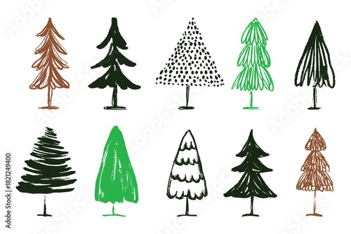 Christmas Tree Set with Stars and Ornaments in Hand-Drawn Style. Festive decorated pine collection for winter holiday cards, wrapping paper, digital design, and seasonal invitations. Rustic winter