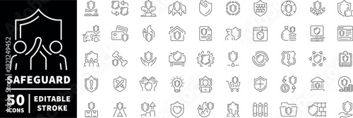 Security and protection icons set. editable line icons, outline, shield symbols