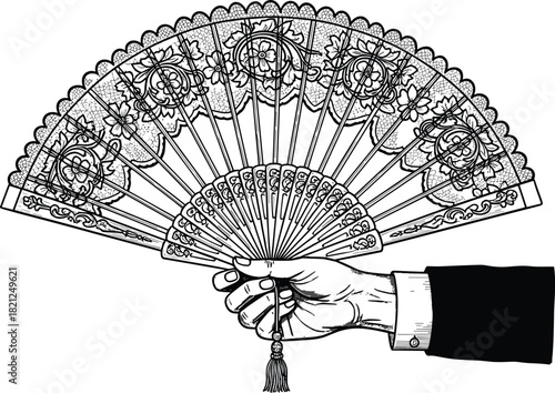 Hand holding ornamental lace folding fan, vintage engraving style vector illustration, antique victorian fashion accessory, black and white sketch isolated on white background.