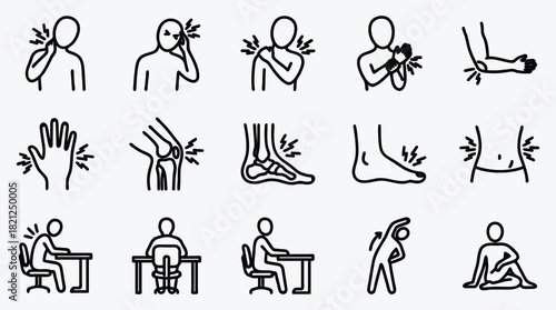 Human Body Pain and Discomfort Pictograms Line Art Illustration Set