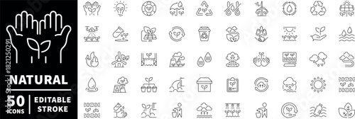 Nature and sustainability icons set. editable line icons, outline, eco symbols, green design