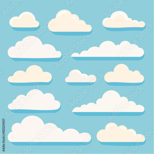 Graphic illustration of various white cloud shapes on a light blue background, arranged in rows with subtle shadows.