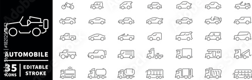 Automobile icons set. editable line icons. outline, vehicle, transport graphics