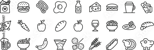 Assortment of Outline Icons for Food and Drink Items vector illustration