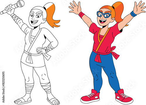 Cartoon character illustration, line art and color version, microphone pose, cheerful expression, animation concept, vibrant outfit 