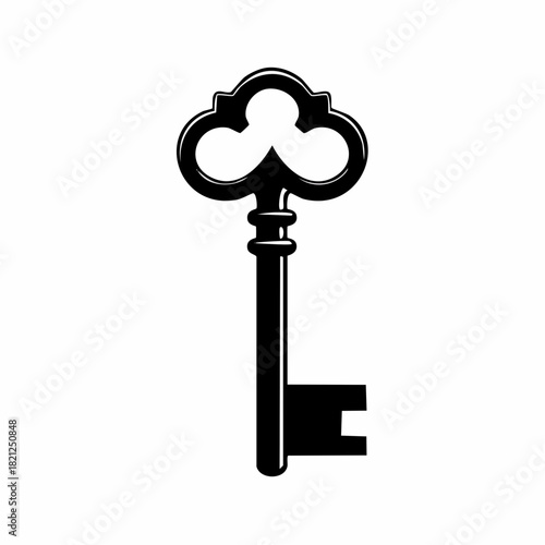 A black and white illustration of a vintage key with a decorative handle against a plain white background.