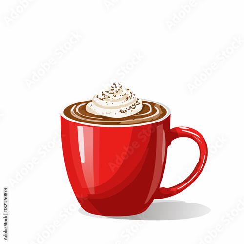 A red coffee mug filled with a hot beverage topped with whipped cream and sprinkles on a plain white background.