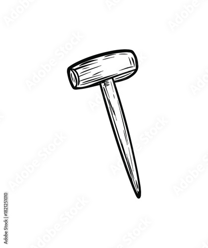 Hand drawn illustration of a wooden mallet with a pointed end on a white background