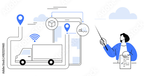 Truck on delivery route with GPS pins, tracking via smartphone, wireless signals, and an individual presenting data. Ideal for logistics, shipping, technology, navigation, transportation data