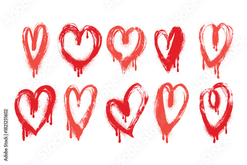 Red Grunge Heart Collection Isolated on White Background. Hand drawn brush love symbols with rough textured Brush strokes and distressed ink lines on white background. Perfect for media, posters