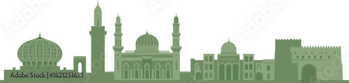 Islamic architecture silhouette, mosque domes, minarets, arches, green skyline, cultural heritage, Middle Eastern cityscape, traditional buildings, vector illustration