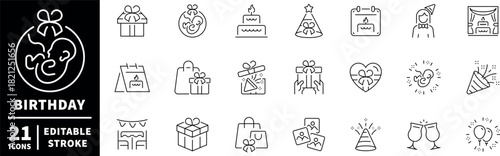Birthday icon set. editable line icons, outline, celebration and party design