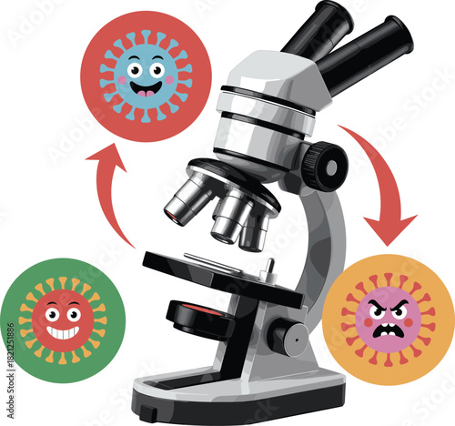 Microscope with cartoon viruses, virus mutation cycle, microbiology illustration, facial expressions, scientific concept, vector artwork, educational design