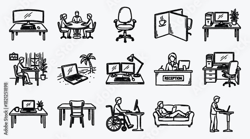Workspace doodle icons depicting office desks and work from home settings