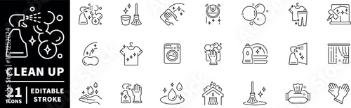Cleaning icons set. editable line icons for housekeeping and sanitation