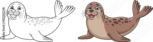 Seal cartoon illustration, line to color, animal character, flipper pose, cute marine mammal, transformation art, children’s design.eps