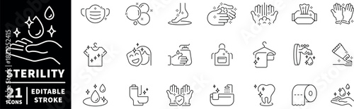 Sterility icons set. editable line icons, clean, hygiene and sanitation symbols