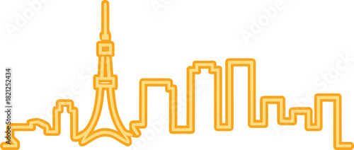 Tokyo skyline line art, orange outline, iconic tower, minimalist cityscape, urban architecture, vector illustration, Japan landmark, modern design