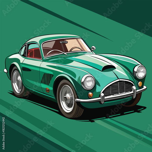 Classic green sports car illustration on green background design. classic