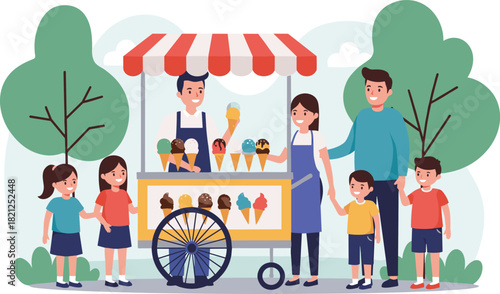 Ice cream cart in park, summer treat scene, happy children buying dessert, outdoor vendor, family fun, striped canopy, sweet moment