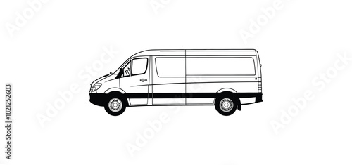 Line drawing illustration of a white panel van or cargo van in profile view