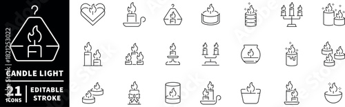 Candle light icons set. editable line icons, outline, flames and lighting symbols