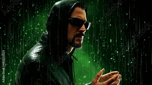 Man in hooded jacket with sunglasses stands in falling digital code rain