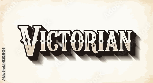 Elegant vintage lettering for 'Victorian' title, featuring decorative serifs and a shadow on distressed parchment, perfect for classic design concepts