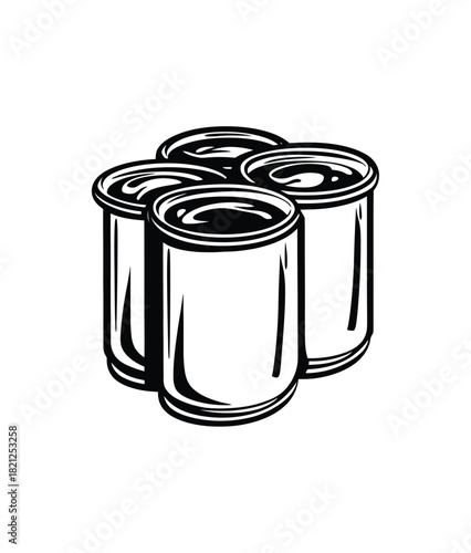 Four metal paint cans clustered together in a simple black and white illustration