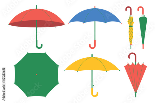 A collection of colorful umbrellas displayed from various angles and states.