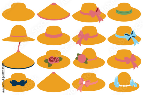 A collection of decorative straw hats with various colorful ribbons and bows.