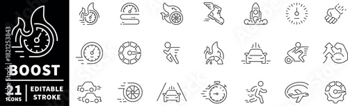 Speed and boost icons set. editable line icons, outline, speedometers, fast action