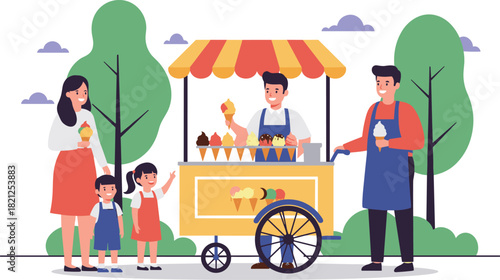 Ice cream cart in park, summer treat, family enjoying dessert, colorful scoops, outdoor vendor, happy children, sunny day, joyful moment, community gathering, sweet snack