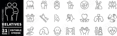 Relatives icons set. editable line icons for family, connections, relationships