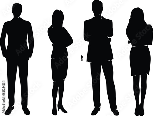 Professional Business Team Silhouettes Vector Illustration, Corporate Group of Four Men and Women in Suits Standing Confidently, Concept of Leadership, Diversity, and Success.