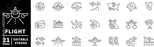 Flight icons set. editable line icons, linear, travel and aviation symbols