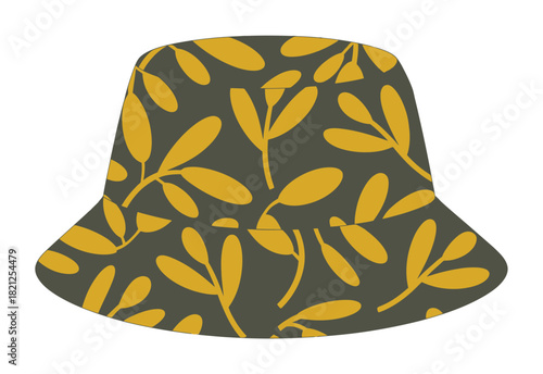 A stylish bucket hat features a repeating pattern of yellow leaves on a dark green background.