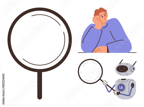 Magnifying glass, thoughtful person, and robot with magnifying tool exploring concepts thumbs up research, focus, creativity, artificial intelligence, problem-solving, and curiosity. Ideal