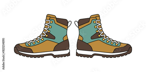 A pair of sturdy hiking boots are displayed against a white background.