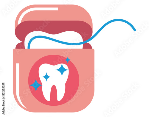 A container of dental floss is open with a piece of floss extending out, illustrating oral hygiene.